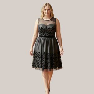 S.L Fashions Black Velvet Floral Overlay Sheer Top Sleeveless Dress Plus 14 NWOT